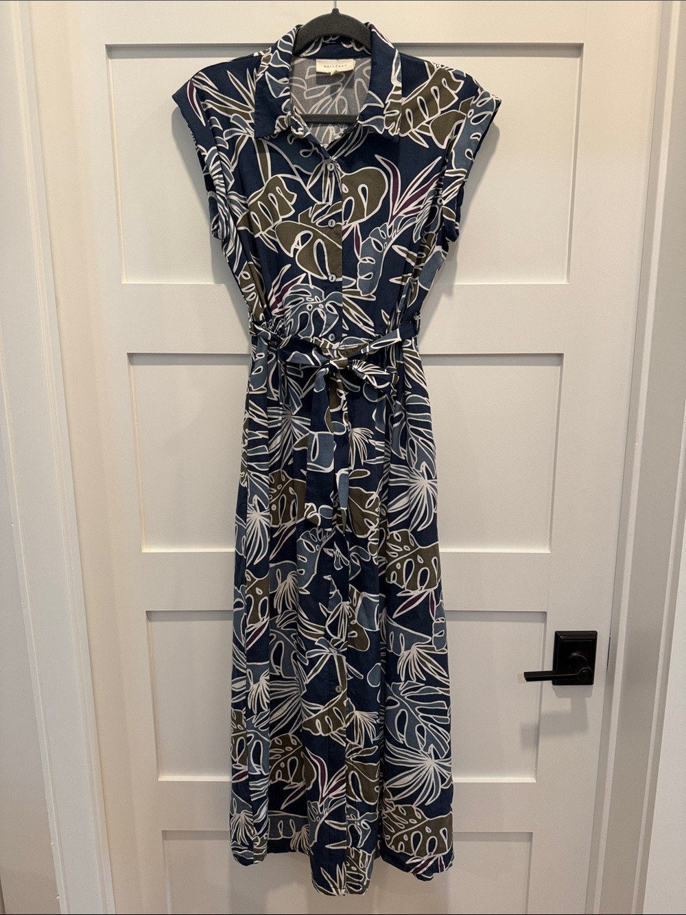 MELLODAY Navy Tropical Print Maxi Shirt Dress with Tie Waist